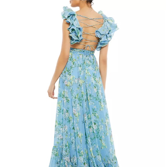 Mac Duggal Indy A-Line Ruffled Back-Lace Chiffon Floral Blue Gown Dress size 6 - Picture 2 of 2